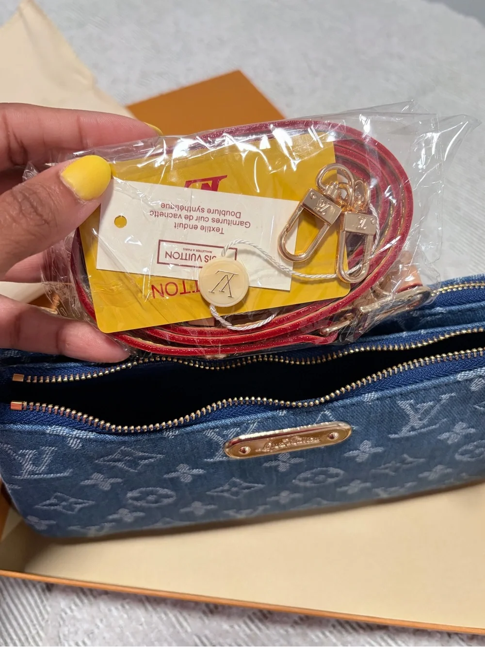 Blue Denim Monogram Zip double Pouch with Straps & Gold Plaque